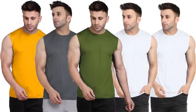 Think Tech Solid Men Round Neck Yellow, Grey, Dark Green, White T-Shirt