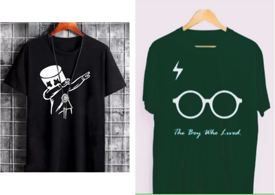 Pachirisu Printed Men Round Neck Black, Dark Green T-Shirt