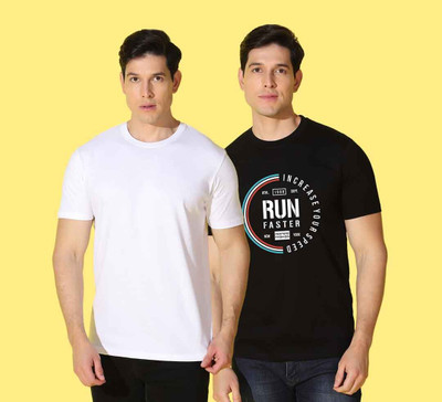 WOOSTRO Solid, Printed Men Round Neck Black, White T-Shirt