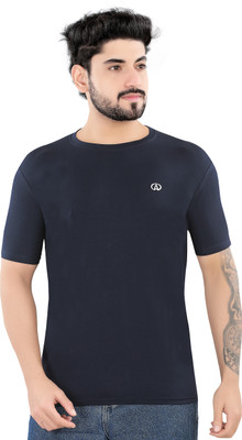 Aikaa Solid Men Round Neck Navy Blue T-Shirt