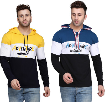 SLOWLORIS Printed Men Hooded Neck Yellow, Dark Blue T-Shirt
