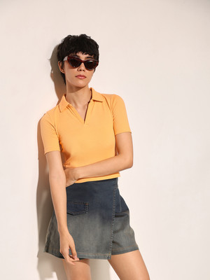 ONLY Solid Women Polo Neck Orange T-Shirt