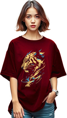 ENITOR Printed Women Round Neck Maroon T-Shirt