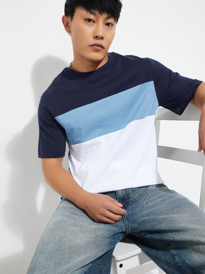 MAX Colorblock Men Round Neck Blue T-Shirt