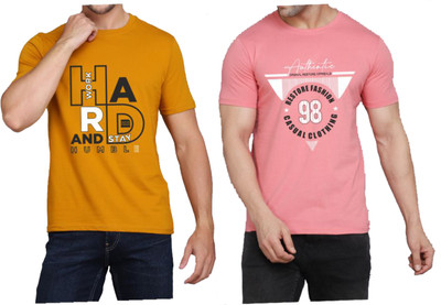 WOOSTRO Printed Men Round Neck Brown, Pink T-Shirt