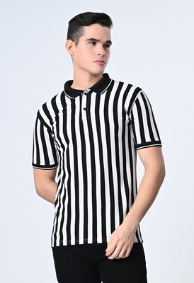 Dam Striped Men Polo Neck Black, White T-Shirt