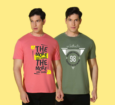 WOOSTRO Printed Men Round Neck Pink, Green T-Shirt