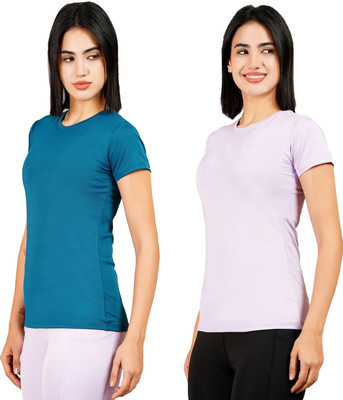Kyk Solid Women Round Neck Dark Blue, Pink T-Shirt
