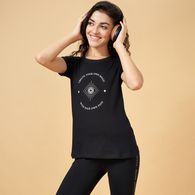 Ajile By Pantaloons Printed, Typography Women Round Neck Black T-Shirt