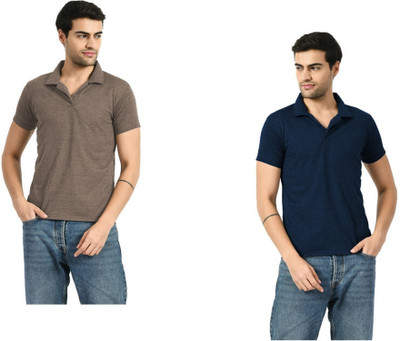 Kavvya Solid Men Polo Neck Brown, Navy Blue T-Shirt