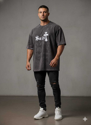 Legacy Graphic Print, Washed Men Round Neck Grey T-Shirt