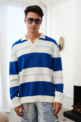 Bonkers Corner Striped Men Polo Neck Blue T-Shirt