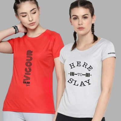 SPOWEARY Printed Women Round Neck Orange, White T-Shirt