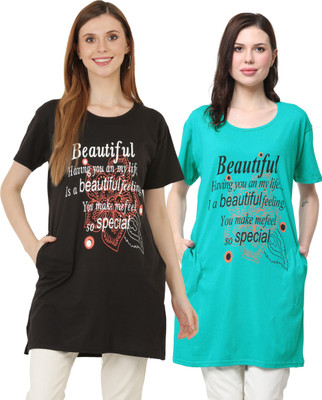 HouseOfCommon Printed Women Round Neck Black, Green T-Shirt