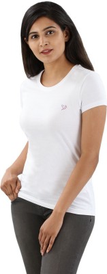 TWIN BIRDS Solid Women Round Neck White T-Shirt