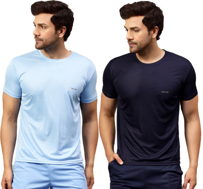UDI n ADI Solid Men Round Neck Dark Blue, Light Blue T-Shirt