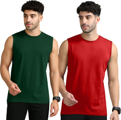 JB Jangoboy Solid Men Round Neck Dark Green, Red T-Shirt