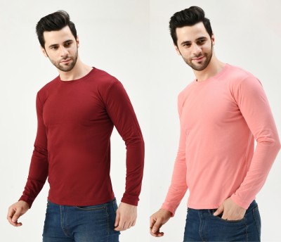 Nael Fashion Solid Men Round Neck Maroon, Pink T-Shirt