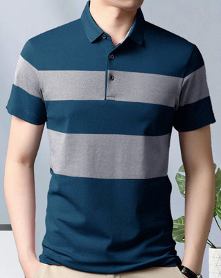 AUSK Striped Men Polo Neck Dark Blue, Grey T-Shirt