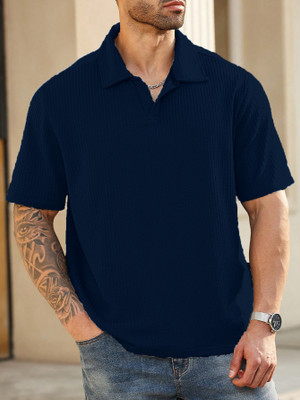 Zilcon Self Design Men Stylised Neck Dark Blue T-Shirt