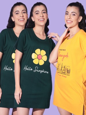 WEARUP Printed Women Round Neck Dark Green, Yellow T-Shirt