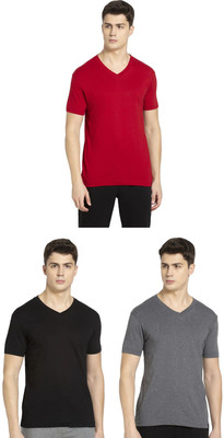 JOCKEY Solid Men V Neck Black, Grey, Red T-Shirt