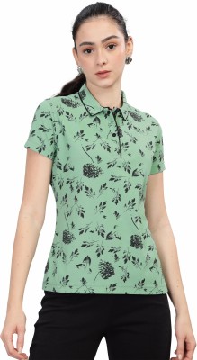 Stellers Floral Print Women Polo Neck Green T-Shirt