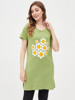 QUIN FLETCHER Graphic Print, Typography Women Round Neck Light Green T-Shirt