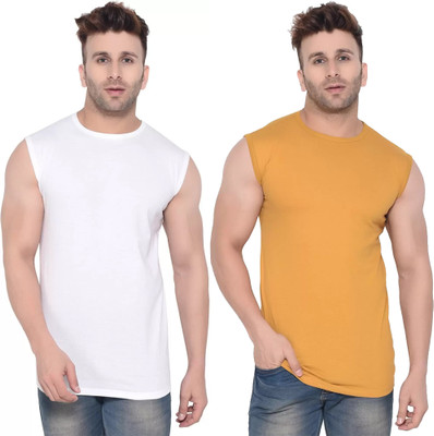 Moordale Fab Solid Men Round Neck White, Yellow T-Shirt