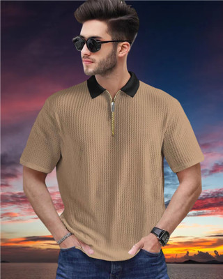 METRONAUT Self Design Men Polo Neck Brown T-Shirt