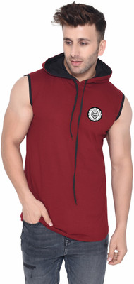 GEUM Solid Men Hooded Neck Maroon T-Shirt