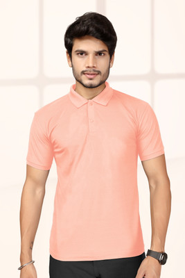 Krivox Solid Men Polo Neck Pink T-Shirt