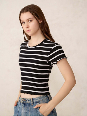 OUTZIDR Self Design Women Round Neck Black, White T-Shirt