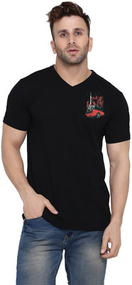 GEUM Printed Men V Neck Black T-Shirt