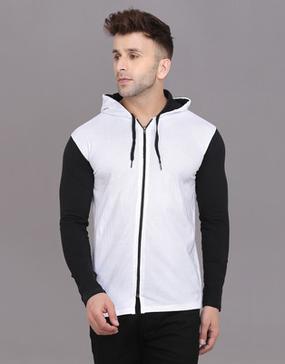 tfurnish Self Design Men Hooded Neck White, Black T-Shirt