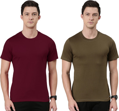 RUPA JON Solid Men Crew Neck Maroon, Green T-Shirt