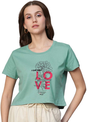 Pronk Printed Women Round Neck Light Green T-Shirt