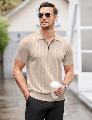 trueoath Self Design Men Polo Neck Beige T-Shirt
