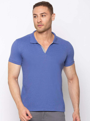 Status Quo Solid Men Polo Neck Blue T-Shirt