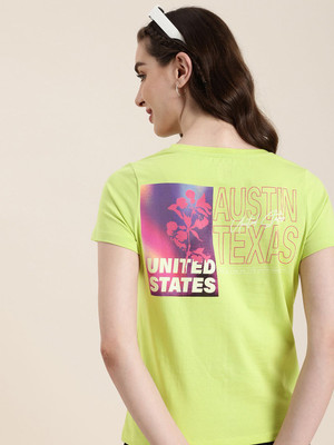 HERE&NOW Printed Women Round Neck Green T-Shirt