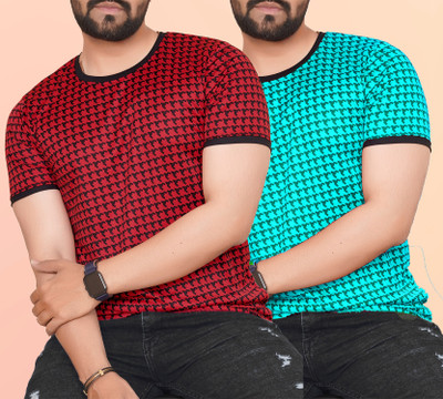 KAJARU Printed Men Round Neck Red, Blue T-Shirt