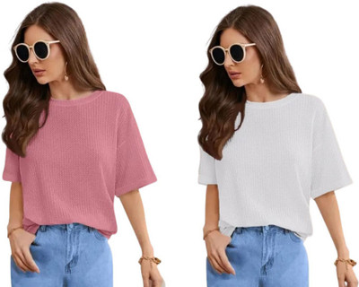 SriSaras Solid Women Round Neck White, Pink T-Shirt