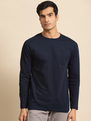 RULEDBYSUN Solid Men Round Neck Navy Blue T-Shirt