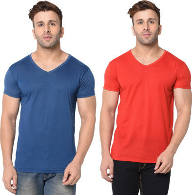 Moordale Fab Solid Men V Neck Red, Blue T-Shirt