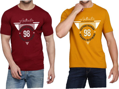 WOOSTRO Printed Men Round Neck Maroon, Brown T-Shirt