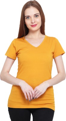 GENEALO Solid Women V Neck Yellow T-Shirt