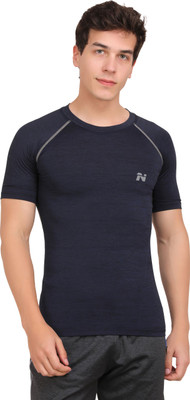 NINQ Solid Men Round Neck Dark Blue T-Shirt