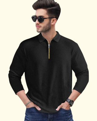 TELOXY Self Design Men Zip Neck Black T-Shirt