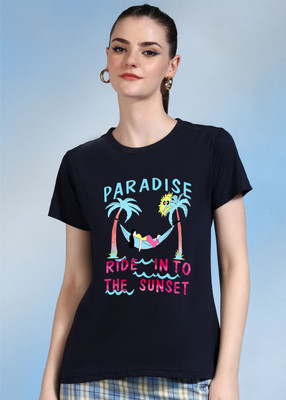 METRONAUT Printed Women Round Neck Dark Blue T-Shirt