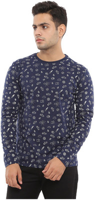 V-MART Printed Men Round Neck Dark Blue T-Shirt